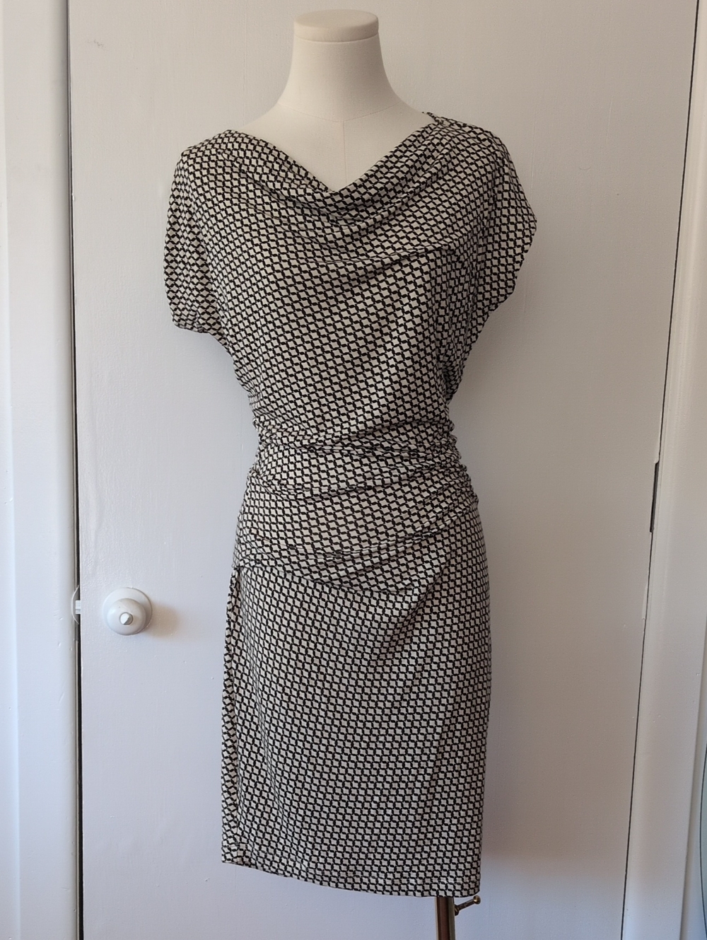 CAbi Black & White Geometric Draped Monroe Dress - Size Extra Small
